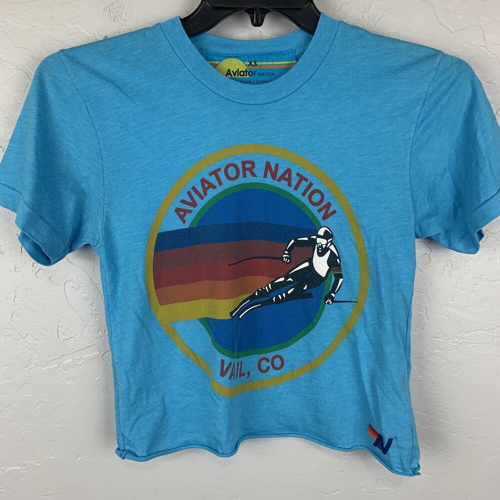 Aviator Nation Cropped Shirt Womens XS Blue Vail CO Ski Graphic Logo Tee
